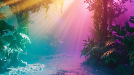 Fototapeta na wymiar A tree with a rainbow in the background, symbolizing peace and joy. ::3 neon ::3 ray tracing ::3 --ar 16:9 --quality 0.5 Job ID: d9ea4165-2f42-483d-a25f-f9c778b79319