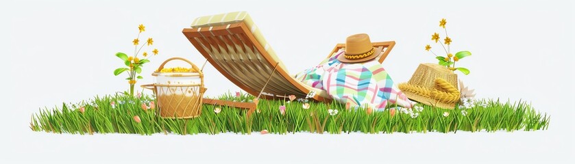 Relaxing malt on grass at a picnic, flat design, front view, relaxation theme, 3D render, complementary color scheme