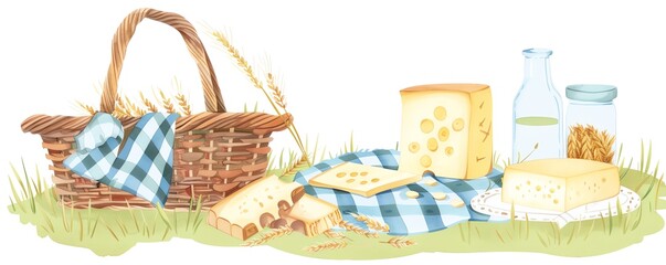 Cheese and barley at a countryside picnic, flat design, side view, picnic theme, animation, colored pastel