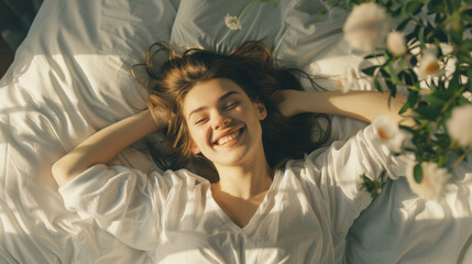 Naklejka premium A young woman joyfully stretches out on a bed, surrounded by flowers and basking in the gentle sunlight, epitomizing morning bliss and relaxation.