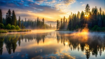 a wallpaper of a calm lake surrounded by dense forest, with early morning mist rising off the water and the first light of dawn breaking through.