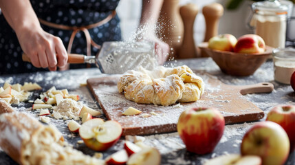 A chef's hands artfully prepare a pastry dusted with flour, surrounded by fresh apples, under the gentle glow of kitchen lighting.