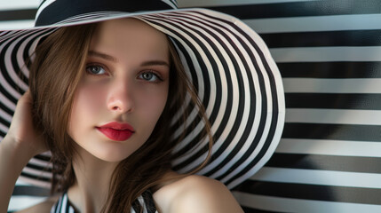 A young woman in black and white stripes and a large hat gazes alluringly at the camera, her look intensified by the contrasting backdrop.