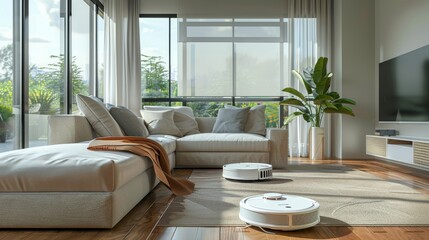 A wireless, futuristic vacuum cleaning robot on a schedule, working in a living room.