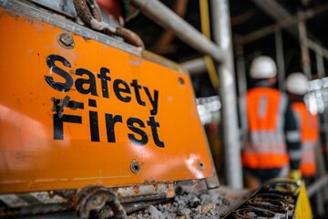 A close-up of a worn Safety First sign on a construction site, with blurred figures of workers in the background.