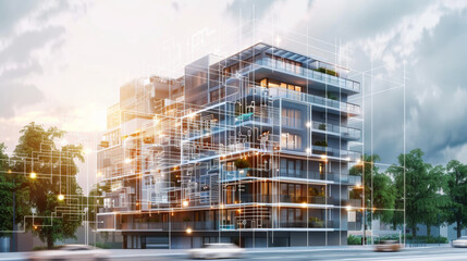 An architectural marvel of a modern apartment building is depicted with wireframe overlays, blending reality with digital design concepts.