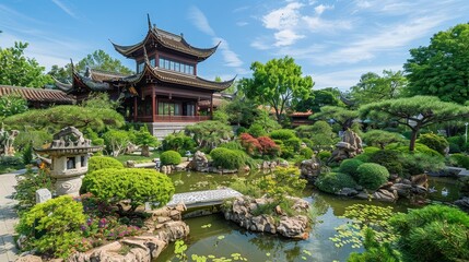 Traditional Chinese garden architecture - A vibrant photo capturing a traditional Chinese garden with pagodas, bonsai trees, and a pond