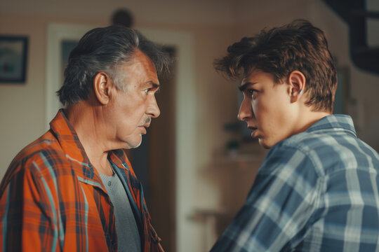 Father and teenage son having a serious conversation. Emotional interaction between an elderly man and a young boy. Family relationship dynamics. - Powered by Adobe