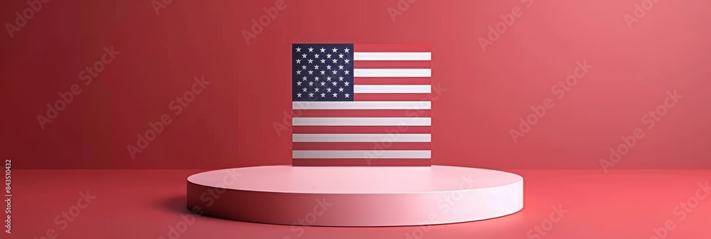 Poster minimalist american flag on round white podium - an american flag is displayed in a minimalist style