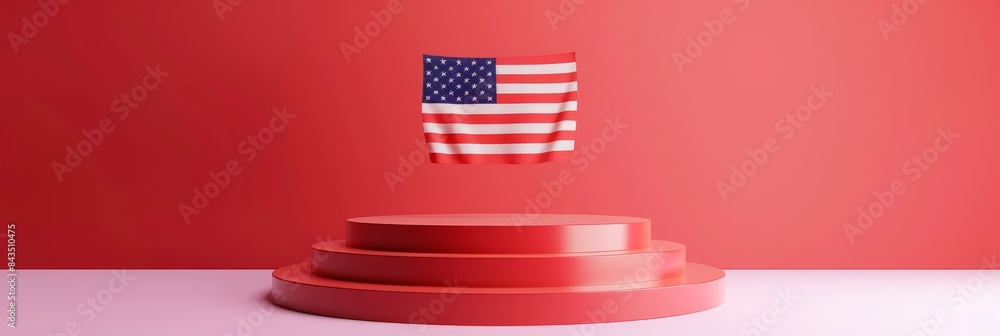 Poster us flag on a red podium with gradient background - an american flag stands on a circular red podium 