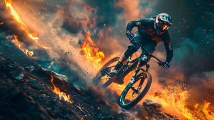 An image of a mountain biker navigating a challenging trail, portraying the adrenaline-fueled excitement of downhill mountain biking, With Flames. Generative Ai