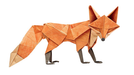 A stylized origami fox with a vibrant orange and brown color scheme. The fox stands in a neutral pose with a bushy tail.