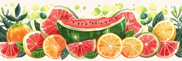 Colorful fruit illustration with watermelon - An array of colorful fruits with watermelon, citrus, and leaves in an illustrated style