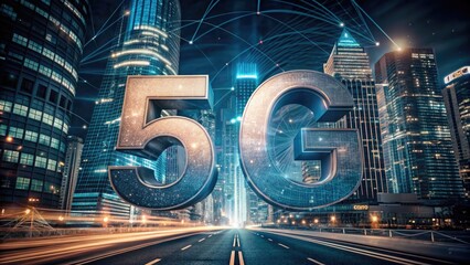 5G technology in modern cityscape, high speed network concept