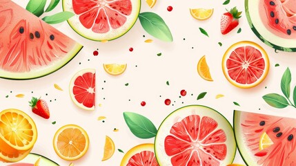 Flat lay of citrus and watermelon slices - Features a flat lay of neatly organized fruit slices such as watermelon and grapefruits