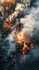Aerial view of a pine forest fire with flame and smoke