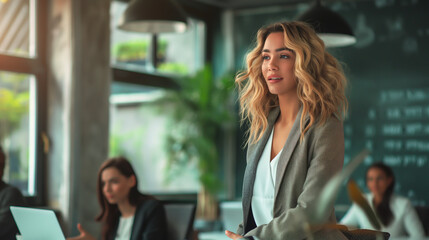 Fototapeta premium Successful Female Leader at Office Meetin., Expert, Professional. Equality, Diversity, Empowerment. International Company, Modern Society, Globalisation. Business, Work, Career, Education