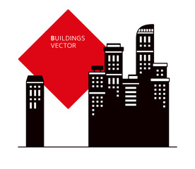 赤い四角のタイトルスペースとビル群のシルエットのおしゃれな背景イラスト