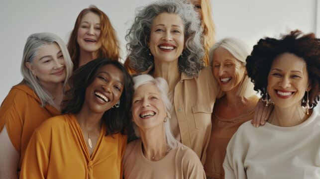 A diverse group of women, each radiating genuine joy and connection, pose together against a white background.