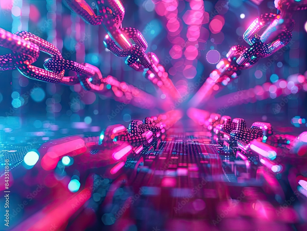 Poster futuristic blockchain technology representation with glowing neon colors and connecting chains, show