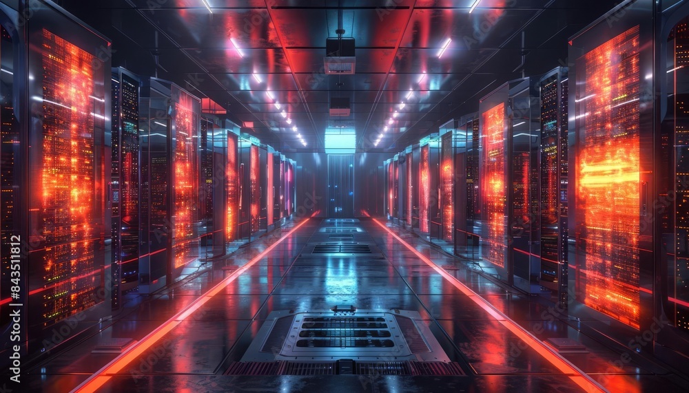 Poster futuristic data center with glowing led lights featuring rows of high-tech servers, showcasing advan