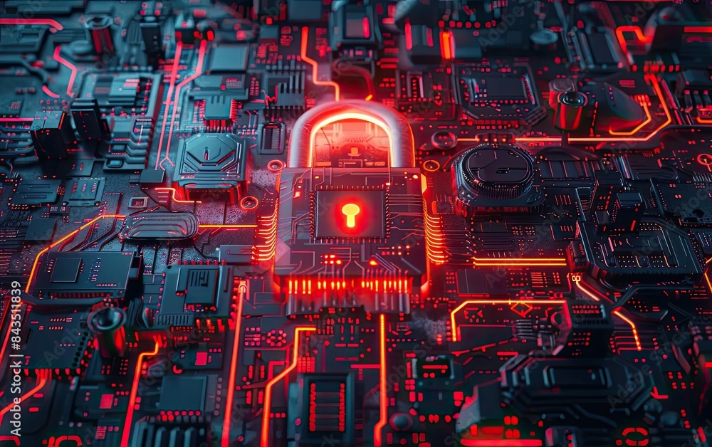 Poster futuristic circuit board with glowing red padlock, symbolizing cybersecurity and protection in the d