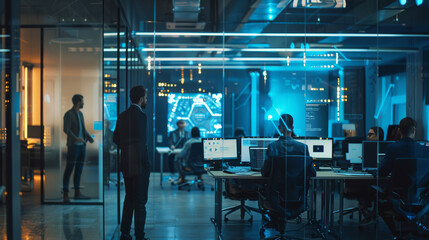 Inside a sleek, high-tech office filled with professionals, blue-toned screens and glass walls create a bustling atmosphere of diligence and innovation.