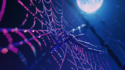 Obraz premium A neon-lit robotic spider clings to an intricately designed web, exuding a blend of futuristic and eerie ambiance against a moonlit background.