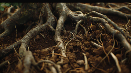 Intricate tree roots sprawling across rich soil, embodying nature's complexity and strong foundation.