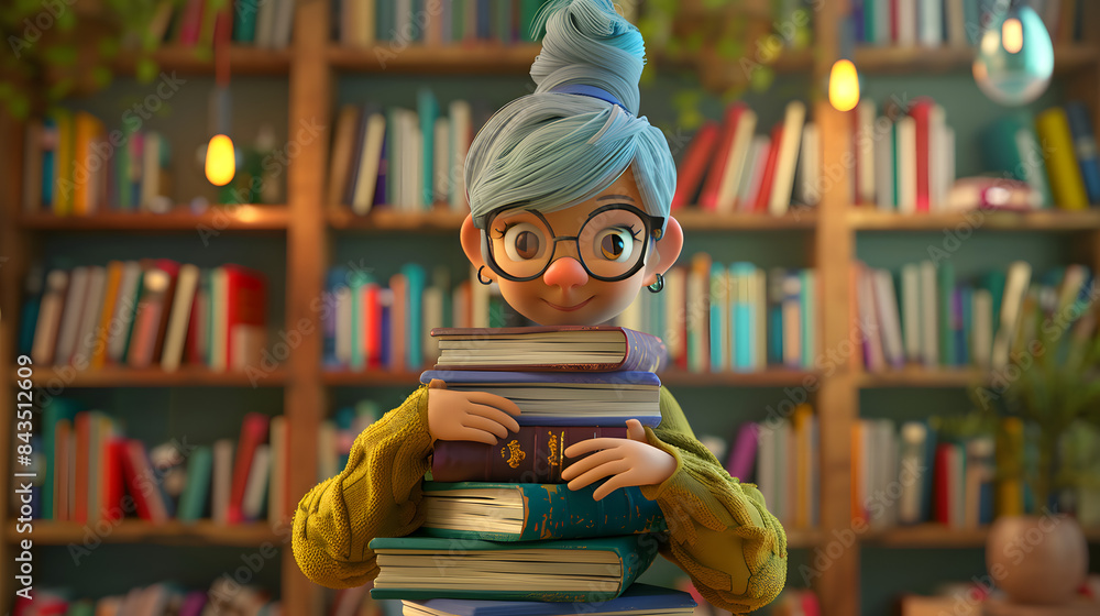 Poster 3d character librarian with a stack of books on a cozy library background