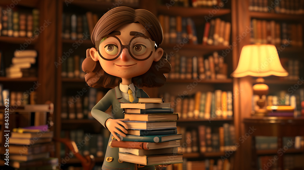 Poster 3d character librarian with a stack of books on a cozy library background