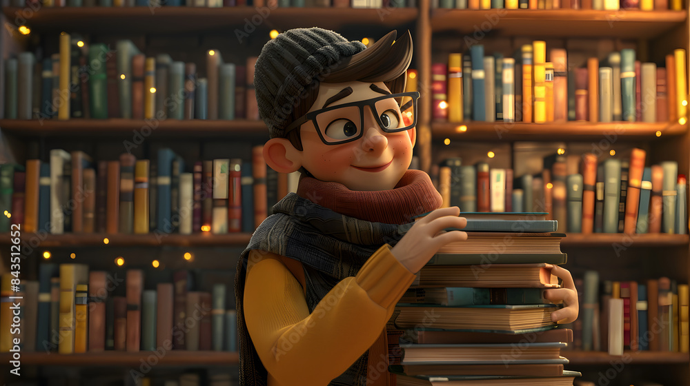 Poster 3d character librarian with a stack of books on a cozy library background
