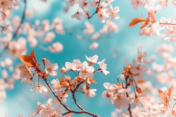 Obraz premium Stunning cherry blossoms in full bloom with a clear blue sky background, highlighting the beauty of nature.