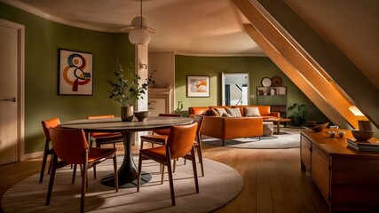 Fototapeta premium A room with a couch, chairs, and a table with a vase of flowers on it.