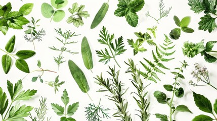 Flat lay of plants and green leaves - Top view of a variety of green leaves and plants neatly organized on a white background