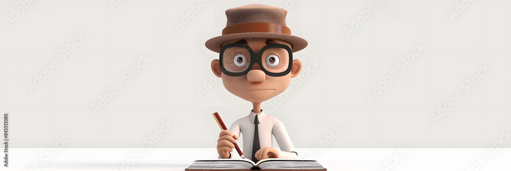 Poster 3d character man with a fedora and glasses writing in a notebook. minimalist style. white background