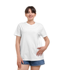 Obraz premium Smiling woman in stylish t-shirt on white background