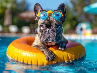 Playful French Bulldog Wearing Goggles on Rainbow Inflatable at Pool Party