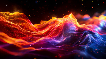 Colorful Wave Holographic 3D Background. Abstract Texture, Trendy Line Pattern, Surface Map, Liquid Shapes, Fluid Motion. Neon Color, Laser, Light Matte. Music, Mind, Joy, Harmony. Banner, Header, Art