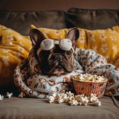 French Bulldog in Pajamas and Eye Mask Watching TV with Popcorn