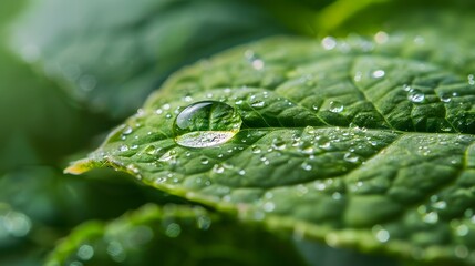 A high-resolution close-up of a dewdrop on a vibrant green leaf.