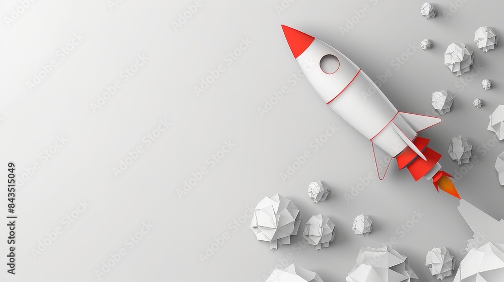 Poster minimalistic 3d render of a rocket launching into space with geometric trees on a white background