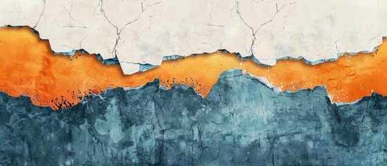 Obraz premium Abstract textured painting with contrasting orange and blue tones, depicting cracked and layered surfaces.
