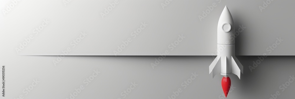 Poster minimalist white rocket with red tip on gray background - conceptual image of innovation, technology