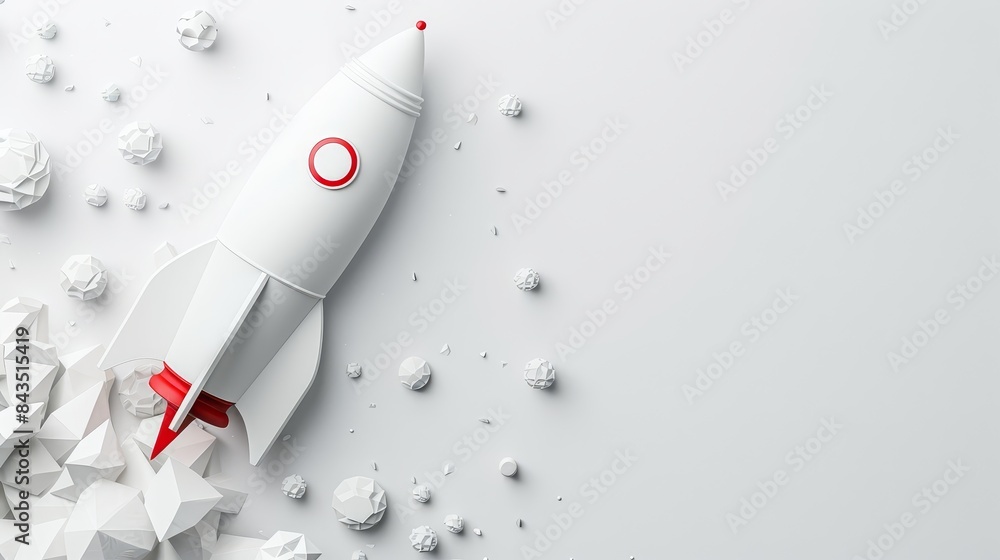 Poster minimalistic 3d rocket launch concept with geometric shapes and white background - futuristic space 