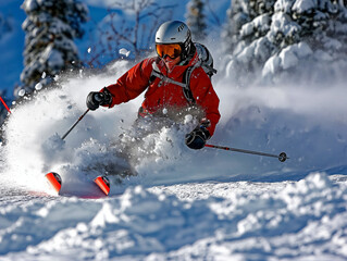 A man in a red jacket is skiing down a snowy slope. He is wearing a helmet and goggles, and his skis are red. The scene is dynamic and exciting, with the skier in motion and the snow flying around him