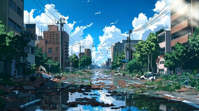The city was abandoned after the disaster. Anime or digital painting style, looping 4k video animation background