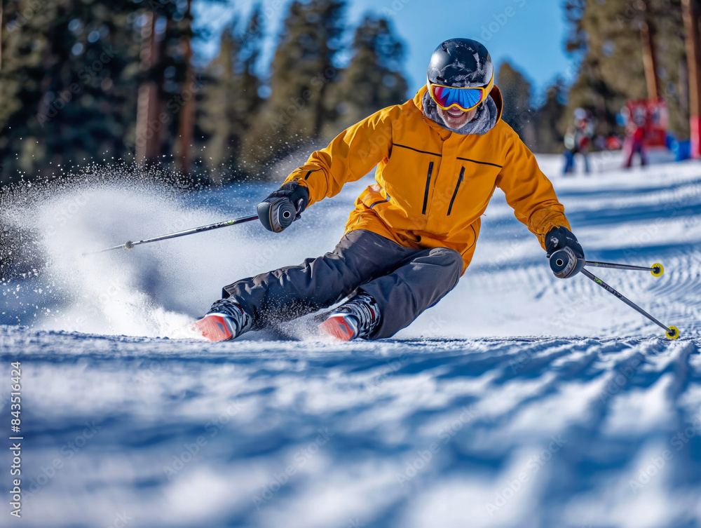 Wall mural A man in a yellow jacket is skiing down a snowy slope. He is wearing goggles and a helmet for safety