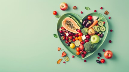A heart-shaped bowl filled with a variety of fruits and vegetables