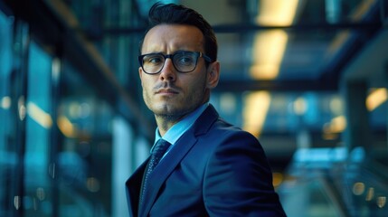 Fototapeta premium Stylish male executive in contemporary corporate setting and networking idea Multi media